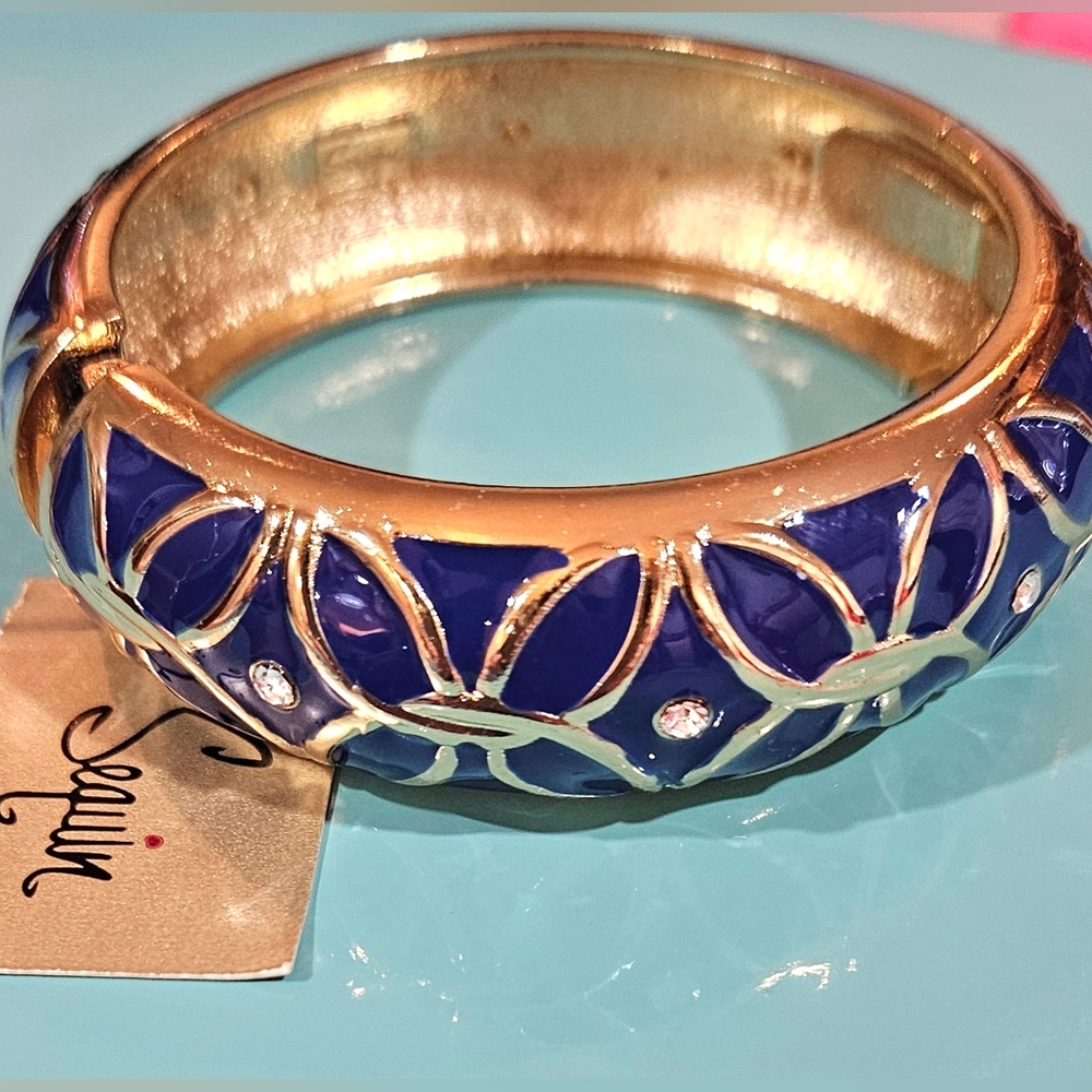 Nordstrom Sequin Blue and Gold Crystals Floral Enamel Bracelet NWT